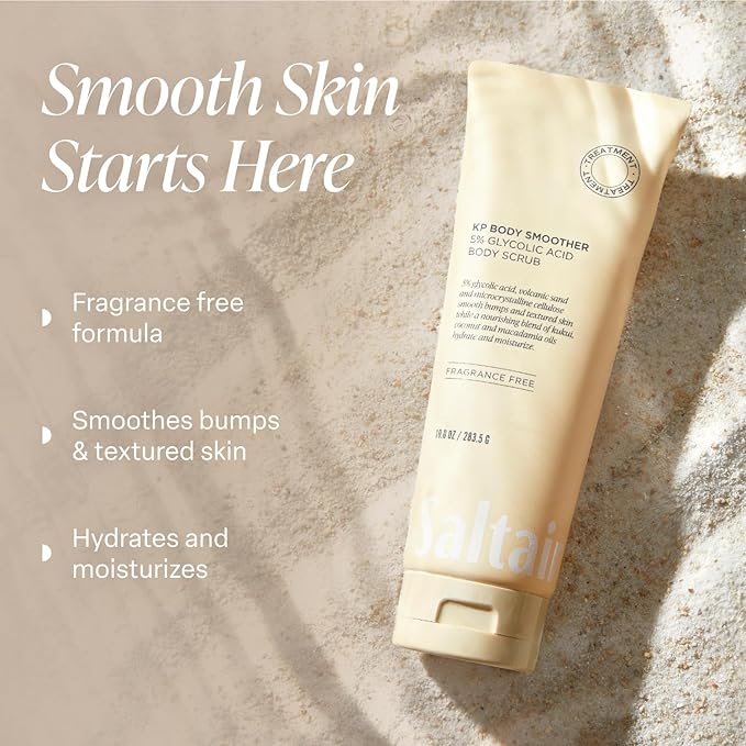 Saltair KP Body Scrub. 5% Glycolic Acid Treatment with Volcanic Sand and Plant Moisturizers. Fragrance-Free Physical Chemical Exfoliator. Exfoliating Body Scrubber for Rough Bumpy Skin, 10oz.