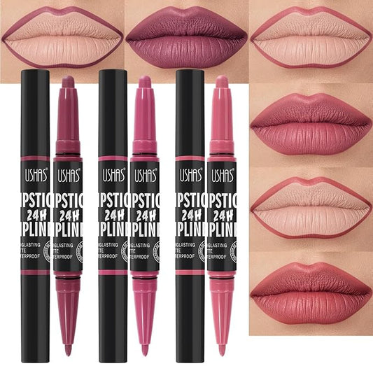 USHAS 3Pcs Lipstick and Lip Liner Combo Set 2 in 1 Makeup Kits Long Lasting and Waterproof Nude Matte Lipstick For Women (Set 1 (01+02+03), 3Pcs)