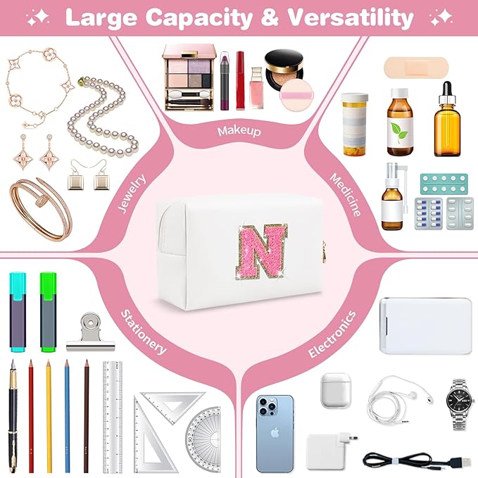 Small Personalized Initial A-Z Patch Makeup Bag,White Cute PU Leather Glitter Letter Cosmetic Bag for Teen Girls,Travel Toiletry Bag with Zipper,Preppy Monogrammed Birthday Gift for Daughter Niece N