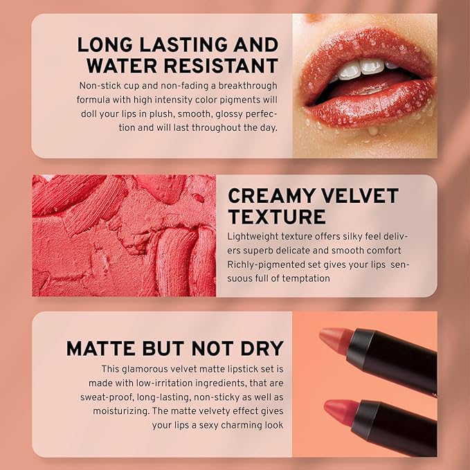 Matte Lipstick Set - 12-Piece Lip Crayon Set With Nude, Pink, Mauve & Red Shades - Waterproof, Long-Wearing Smudge Proof Lipstick Formula with Rich Colors & Pigments