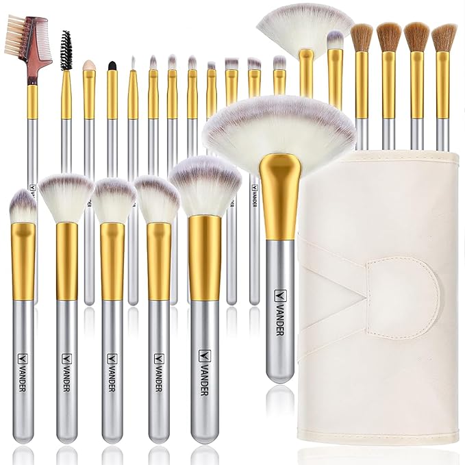 Makeup Brush Set, VANDER 24pcs Premium Synthetic Makeup Brushes for Foundation, Professional Eyeshadow, Eyeliner, Concealer Make up Brush Kit with Leather Travel Makeup bag, Champagne