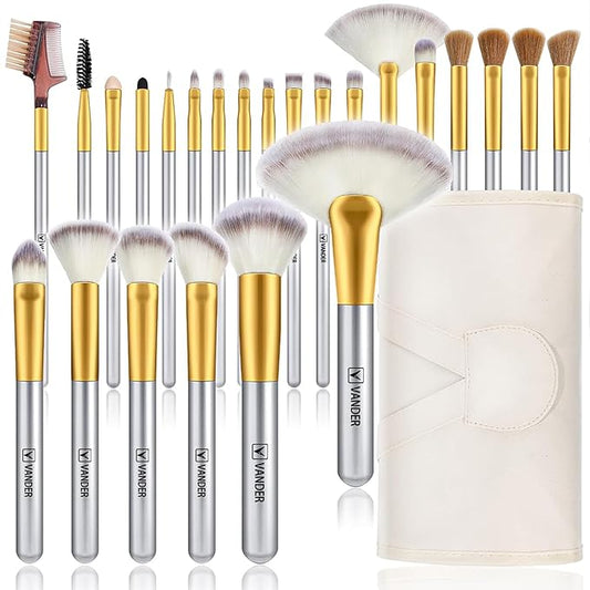 Makeup Brush Set, VANDER 24pcs Premium Synthetic Makeup Brushes for Foundation, Professional Eyeshadow, Eyeliner, Concealer Make up Brush Kit with Leather Travel Makeup bag, Champagne