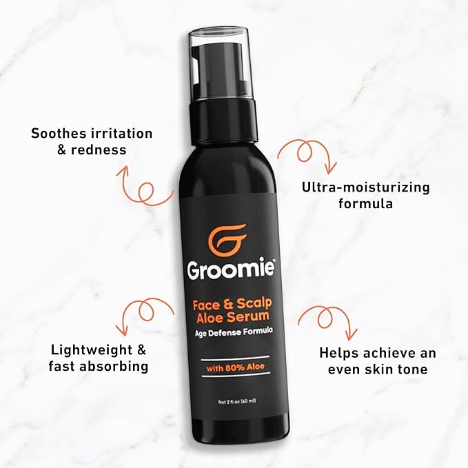 Groomie Face & Scalp Aloe Vera Serum - Hydrating, Soothing, and Moisturizing Skincare Formula, Daily Lightweight and Fast Absorbing, After-Shave Care to Keep Skin Hydrated All Day
