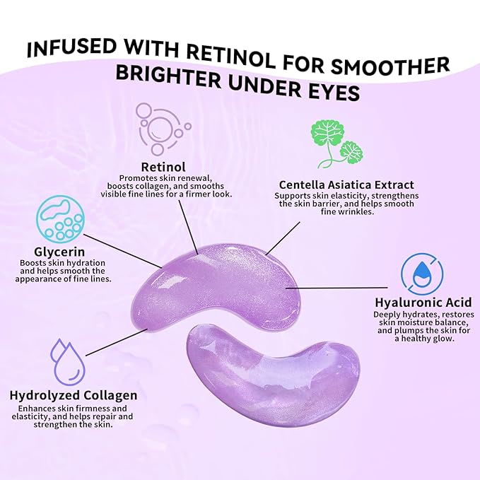 Retinol Under Eye Patches (24 Pairs), Purple Eye Masks for Dark Circles, Puffy Eyes & Wrinkles, Firming Collagen Eye Patches, Vegan Cruelty-Free Skincare Gifts for Her