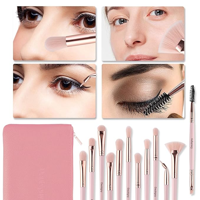 Daubigny Eye Makeup Brushes,12 PCS Professional Eye shadow, Concealer, Eyebrow, Foundation, Powder Liquid Cream Blending Brushes Set With Carrying Bag(Pink)
