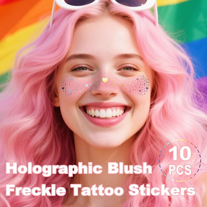 10Pcs Rainbow Face Makeup Patches, Glitter Freckles Face Tattoo for Teenagers & Young Women, Sparkle Freckles Waterproof Face Glitter Freckles for Christmas (10PcsI Blush)