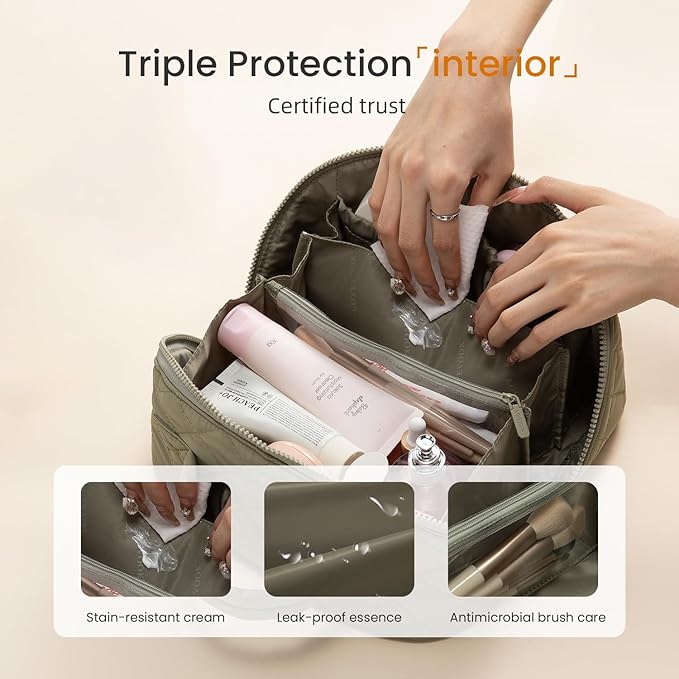 LOVEVOOK Travel Makeup Bag for Women, 2Pcs Set Puffer Waterproof Cosmetic Organizer, Large Capacity Pouch Open Flat Toiletry Bag with Divider & Handle, Portable Gift for Her, Green