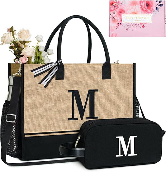 TOPDesign Personalized Initial Canvas Tote Bag, for Wedding, Birthday, Beach, Perfect Gifts for Women, Mom, Teachers, Friends