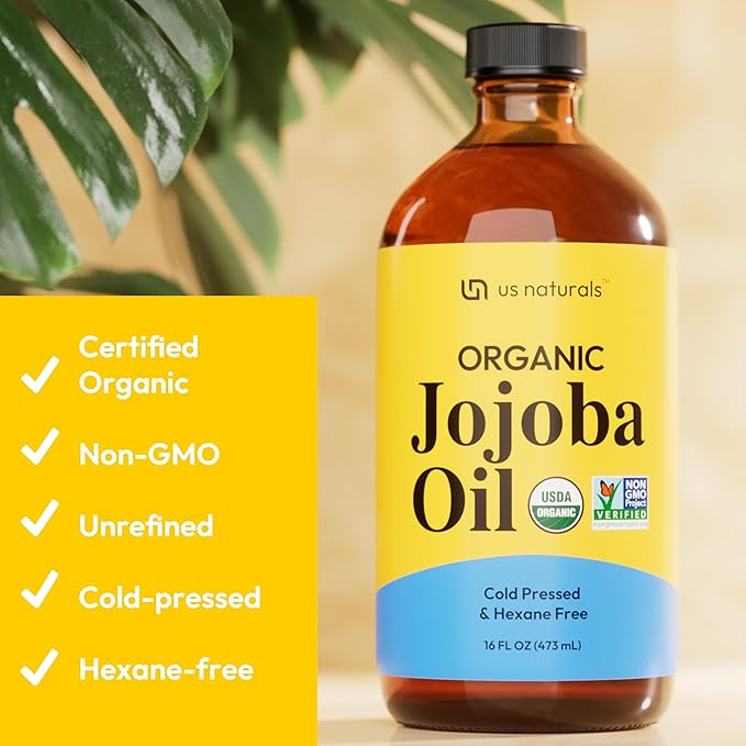 16oz Organic Jojoba Oil – Glass Bottle – USDA Certified Organic & Non-GMO – 100% Pure, Cold-pressed, Unrefined, Hexane-free – Premium Glow-Boosting Oil