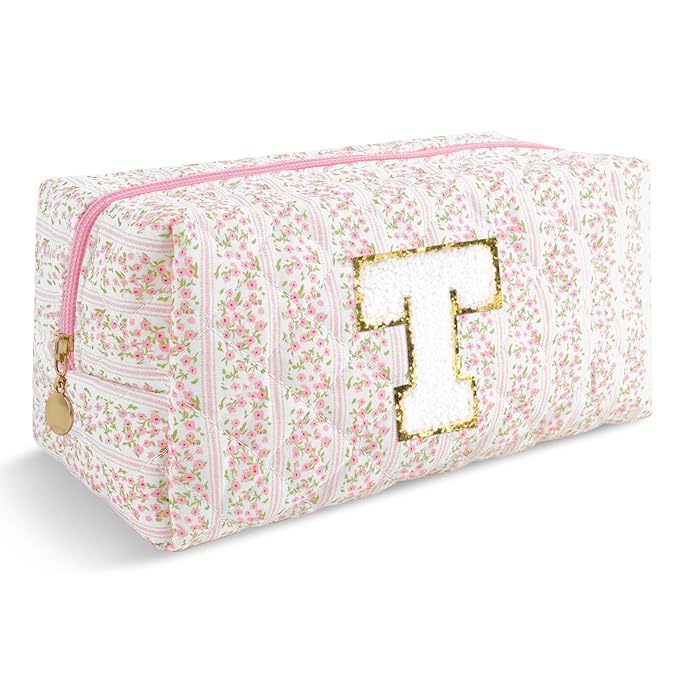Personalized Quilted Cosmetic Bag, Puffy Monogrammed Christmas Birthday Gifts for Women & Girls, Cute initial Floral Makeup Bag Puffer Coquette Bag, Aesthetic Travel Toiletry Zipper Pouch(Pink,T)