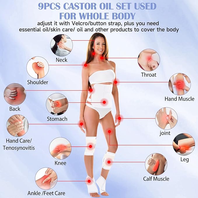 Castor Oil Wrap, 9 Pcs Organic Castor Oil Packs Kit for Entire Body Neck Shoulder Waist Back Hand Knee Leg and Feet, Reusable Pads Kit for Hot/Cold Castor Oil Compress for Woman/Man【White】