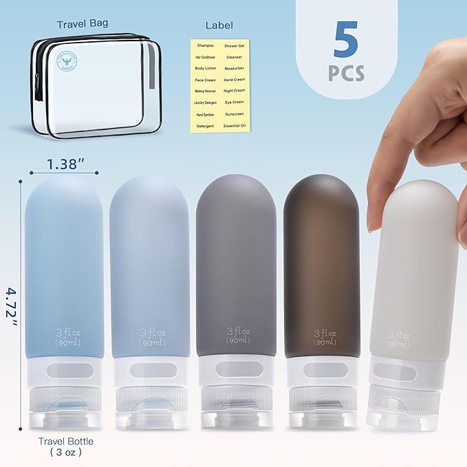 Travel Bottles for Toiletries,3oz Leak Proof Squeezable Travel Size Containers, 5 Pack TSA Approved Travel Essentials for Shampoo Conditioner,Silicone,Black Pack