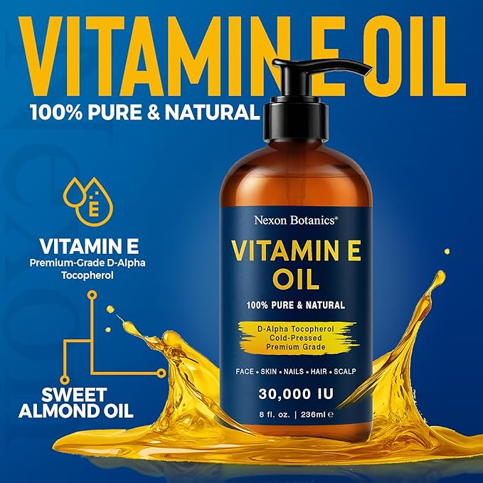 Nexon Botanics Vitamin E Oil 8 fl oz - 30,000 IU - Natural Moisturizer for Skin, Scars, Face & Stretch Marks - Made with d-Alpha Tocopherol & Sweet Almond Oil