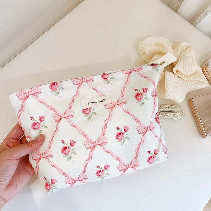 Wudygirl Makeup Bag Cosmetic Bag for Women Pink Pow Makeup Pouch Cute Makeup Organizer Portable Handbag Toiletry Bag Large Capacity Zipper Pouch (Pink Pow)