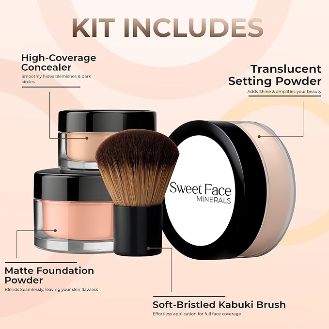 4pc Full Size Kit (Light Tan) Mineral Makeup Matte Translucent Loose Foundation + Kabuki Brush + Concealer + Finishing Setting Powder + Bare Face Full Coverage SPF 30 All Skin Types Waterproof