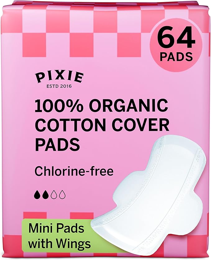Pixie Organic Cotton Mini Pads with Wings for Women & Teens - Ultra Thin, Light Absorbency Menstrual Pads - Hypoallergenic, Unscented & Biodegradable - 64 Count