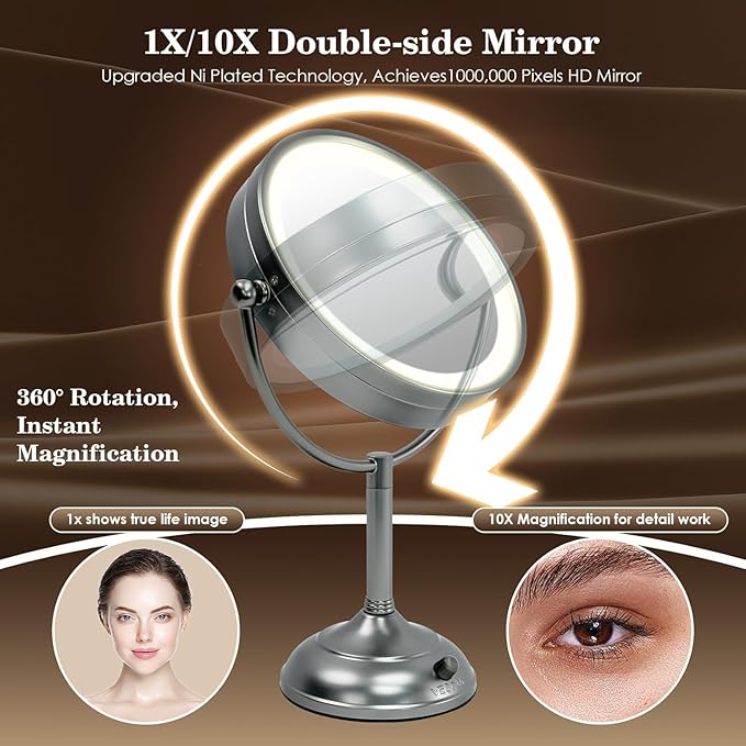 VESAUR Professional 8.5" Lighted Makeup Mirror, 1X/10X Double Sided HD Undistorted Magnifying Mirror with 3 Color 90 Dimmable LED lights, 360° Rotation Vanity Mirror, Unique Black Nickel with Gift Box