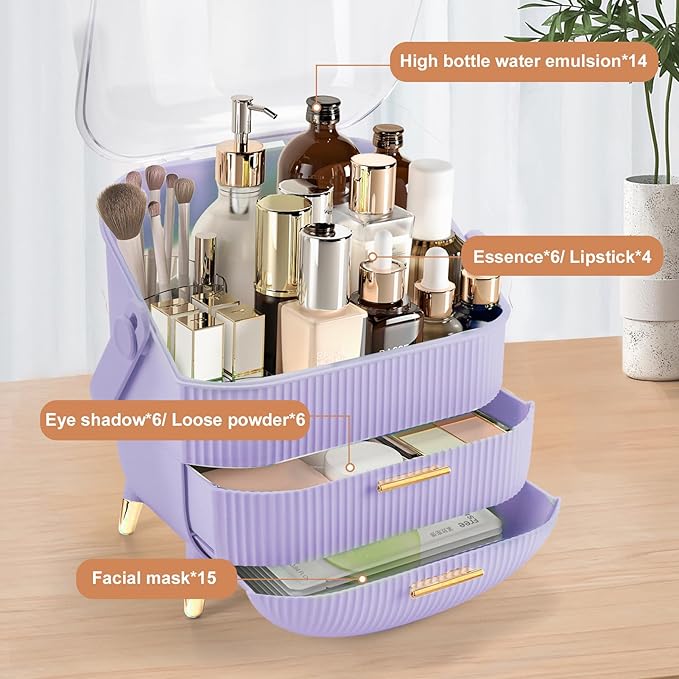 Makeup Organizer for Vanity, Make up Organizers and Storage, Cosmetics Skincare Organizers with Lid and Drawers, Cosmetic Display Cases for Countertop, Bathroom, Dresser, Ideal Gifts for Women(Purple)