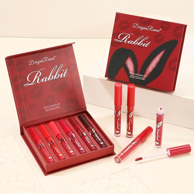 6 Pcs Matte Liquid Lipstick Set Red Lip Gloss with Long-Lasting and Waterproof Lipsticks for Women Lip Makeup Gift (Red Rabbit, 6 Pcs)