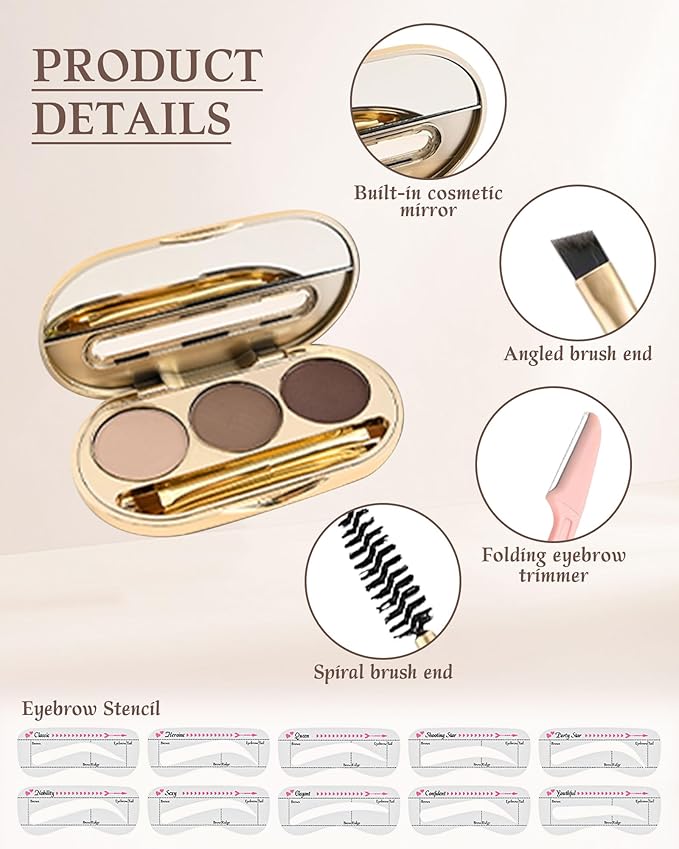 Waterproof Eyebrow Powder Kit - 3 Colors Long-Lasting Brow Powder Palette with Brush Razor & Stencil, Natural Tinting Powder for Women Sparse Brows | #01 Skin, Light Brown, Dark Brown