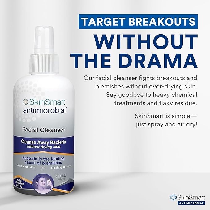 SkinSmart Antimicrobial Facial Cleanser for Breakouts & Blemishes; Hypochlorous Acid Formula Targets Bacteria to Reduce Skin Irritation and Flush Pores Clean, 8 oz Spray, All Ages & All Skin Types