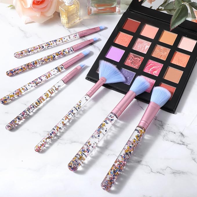 7 Pcs Makeup Brushes for Women, Cute Pink Makeup Brushes Crystal Sparkles Fan Blush Foundation Powder Lip Highlight Eye Shadow Eyebrow Brush Set With Sequins Handle Professional for Girl(Blue)