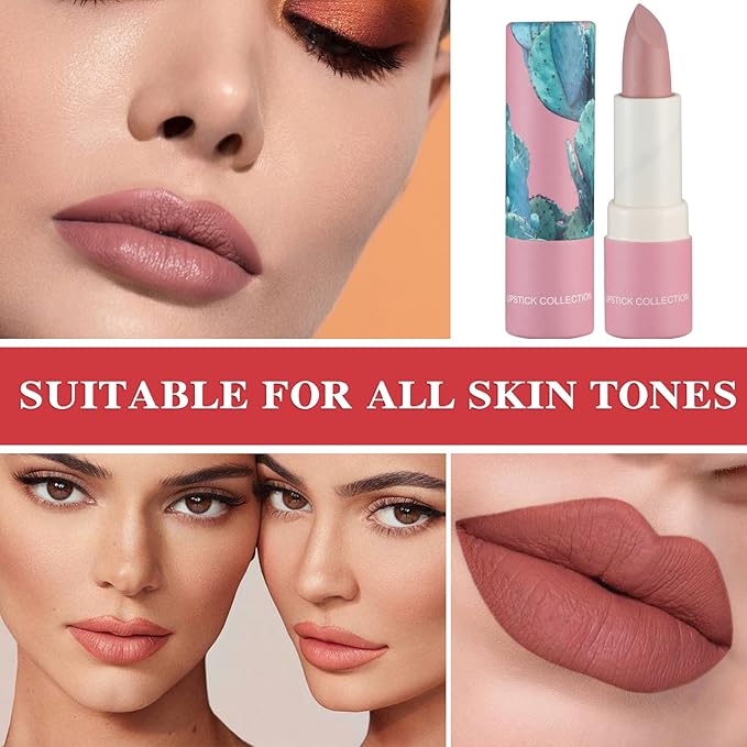 Matte Nude Lipstick,Paper Tube Lipsticks for Women,Bold & Intense Colors,Non-Stick Cup Not Fade Silky Smooth Velvet Lipgloss Set Lip Stick Matte Lipstick Lip Makeup Gifts(Pink)