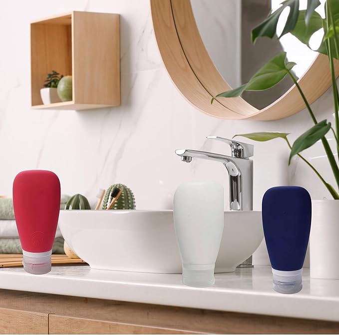 Travel Bottles for Toiletries, TSA Approved 3 oz Leak Proof Silicone Soft Refillable Squeeze Travel Size Containers BPA Free for Air Travel, Shampoo, Conditioner, Oils, Patriotic (Red-White-Blue)