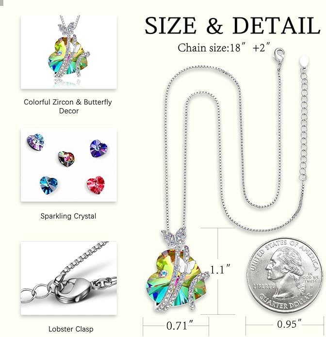 ASELFAD Butterfly Love Heart Pendant Necklace with Crystals, Anniversary Birthday Jewelry for Women Mom Grandma Wife Girlfriend