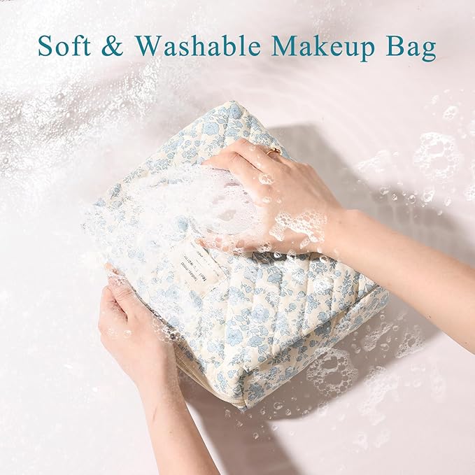 Anfly Makeup Bag, Quilted Cosmetic Bags, Large Floral Make Up Bag, Cute Makeup Bag 3PC Set for Women Girls (Blue)