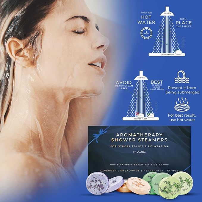 Valitic Aromatherapy Shower Steamers for Stress Relief and Relaxation - Gifts for Women Mom Birthday 8 Natural Essential Fizzies Shower Bombs - 4 Scents - Lavender, Eucalyptus, Citrus, and Peppermint