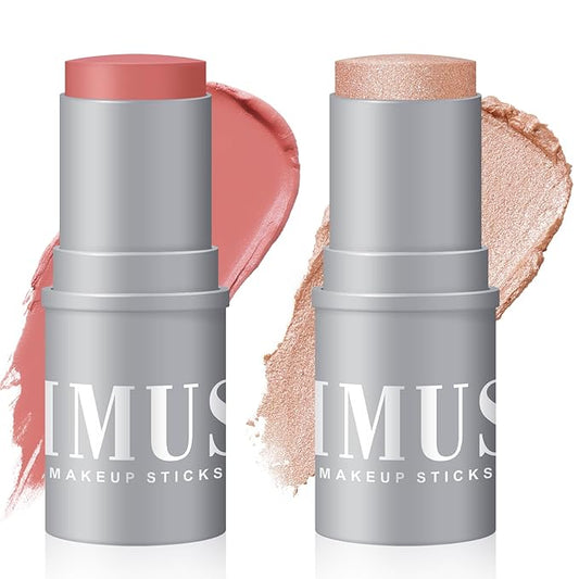 KIMUSE Highlighter Makeup Stick Duo, Cream Blush & Highlighter Trimming Stick, Creamy High Pigmented, Long Lasting, Vegan Face Make Up Sticks