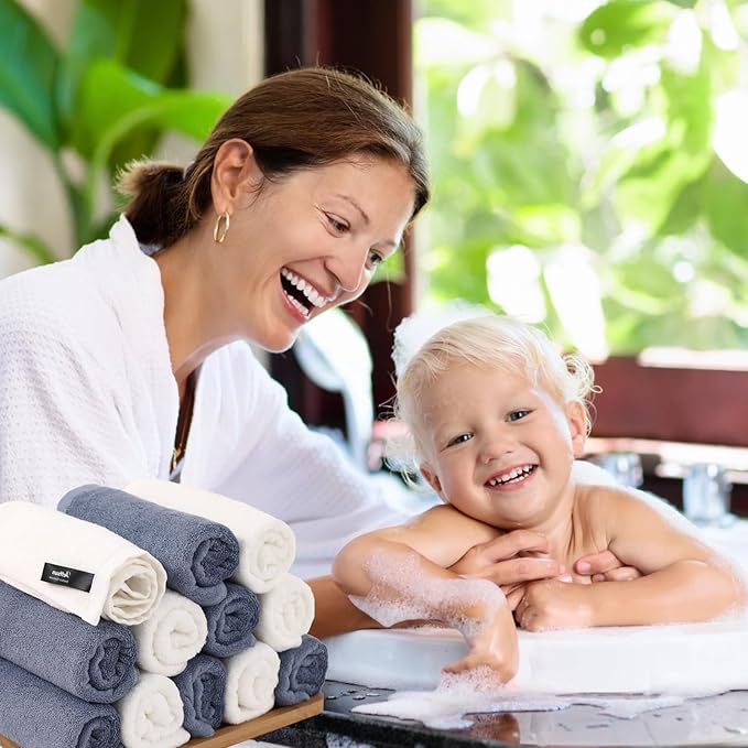 Wash Cloths 12 Pack, 13x13 inch Large Face Towel on Sensitive Skin, Easy to Clean Slate Blue Makeup Eraser Cloth, Super Soft and Gentle Bath Washcloths for Face and Body, Reusable Facial Clean Clot