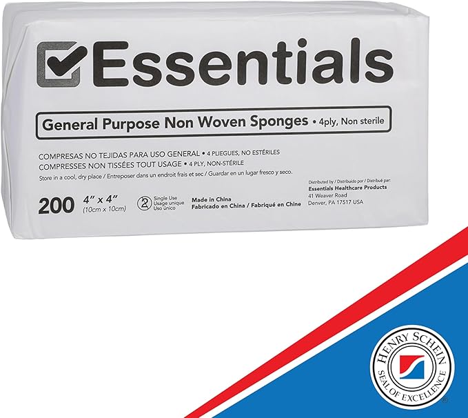 Essentials Non-Sterile Gauze Sponges - 200 Count, 4-Ply, 4'' x 4'' Pads, Non-Woven, Wound Care Product for First Aid Kit/Medical Facilities