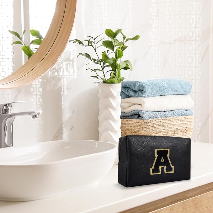 Personalized Initial A-Z Preppy Patch Makeup Bag,Small PU Chenille Letter Cosmetic Bag with Zipper for Teen Girls,Black Cute Toiletry Organizer Bag,Monogram Makeup Case Gift for Women Girls,Letter A