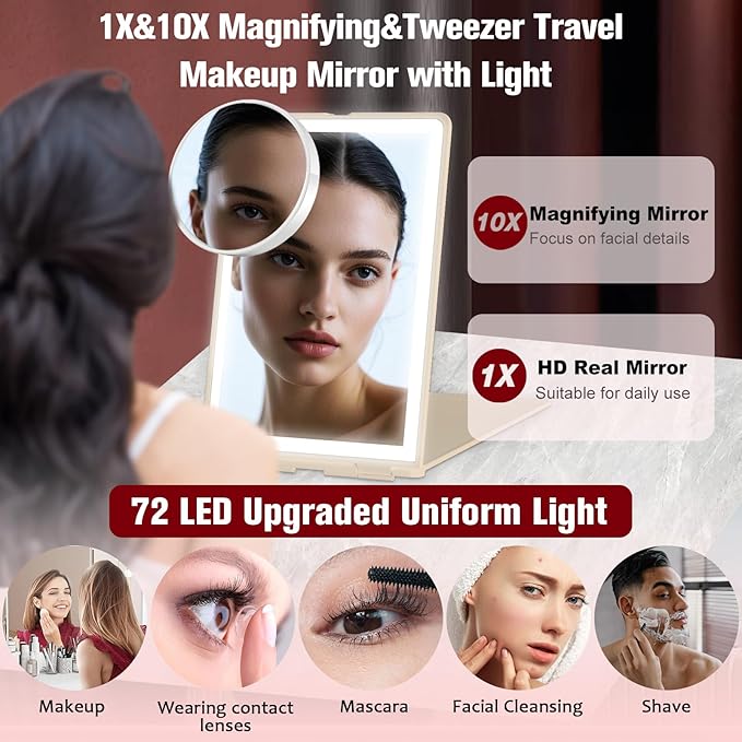 Travel Makeup Mirror with Light, Rechargeable Portable Folding Compact Mirror Set with Tweezer, Lighted Makeup Mirror with 72 LED 3 Color Light Modes, Dimmable Touch Screen LED Mirrors-Cream