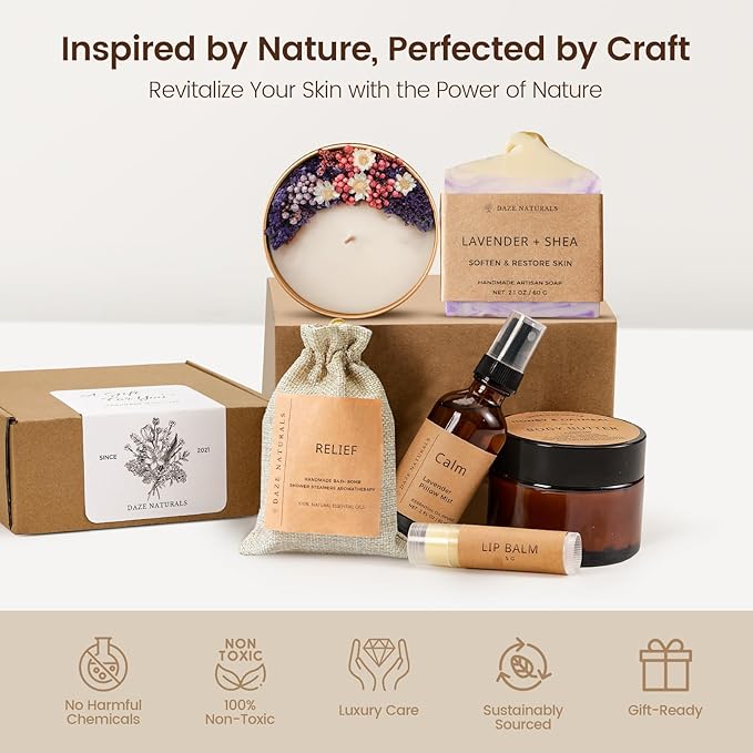 Bath Gift Set, Spa Gifts for Women, Self Care Products for Women, Lavender & Cream Soap Bar, Calm Pillow Mist, Bath Bomb & Shower Steamer, Body Butter and Lip Balm