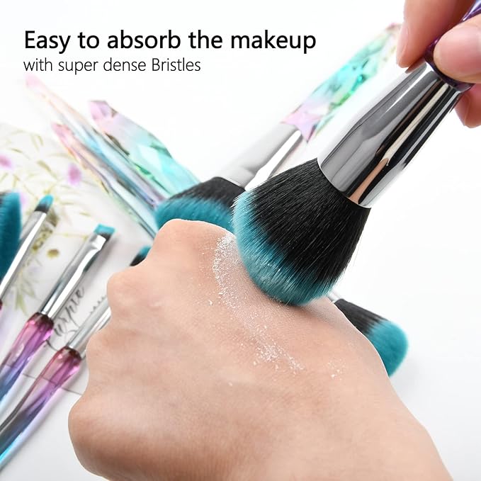 Makeup Brushes Crystal Handle Set, Tenmon 10 PCS Crystal Transparent Handle Kabuki Powder Foundation Brush Concealer Eye Shadow Eyeliner Eyebrow Brush (Green)
