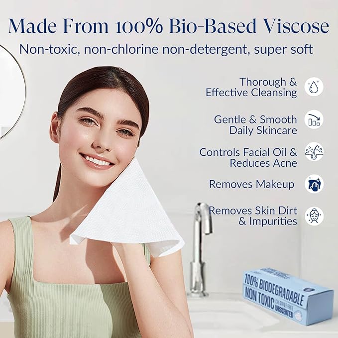 XL Disposable Face Towels, Ultra Soft Makeup Remover Dry Wipes, 100% Biodegradable, Non-Toxic, Facial Towelettes for Washing Face, Thick Towelettes for Sensitive Skin, Unscented, 60 Count