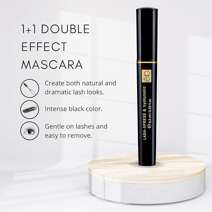 êb être belle Cosmetics 1+1 Double Effect Mascara for Women, 2 in 1 Long Lasting Mascara for Volumizing, Lengthening & Curling, Formula with Keratin, Intense Black Color, Easy Removal