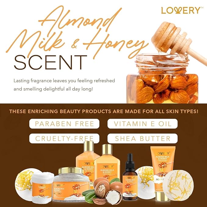 Christmas Gifts for Women Gift Basket for Women - 10 Pc Almond Milk & Honey Beauty & Personal Care Set - Home Bath Pampering Package for Relaxing - Spa Self Care Kit - Birthday, Mom, Anniversary Gift