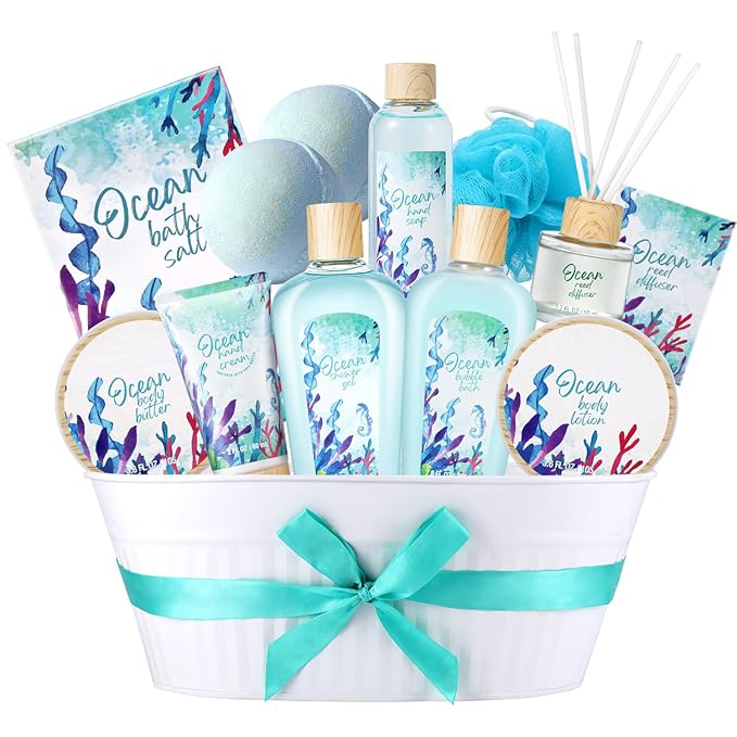12Pcs Ocean Spa Gift Baskets for Women – Luxurious Bath & Body Set with Bubble Bath, Lotion, Spa Gifts Sets for Mother’s Day, Mother’s Day Presents for Her