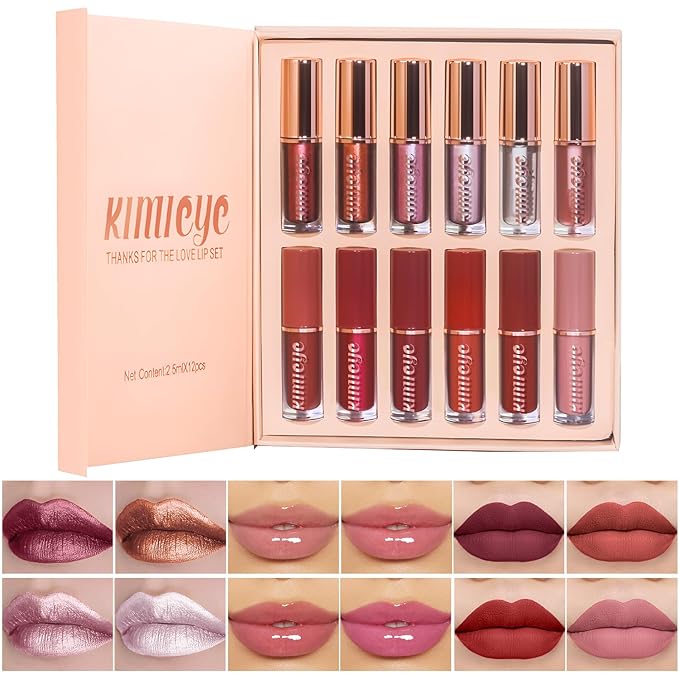 12Pcs Liquid Lipstick Makeup Set, Shades with 4Pcs Metallic Color Lipstick, 4Pcs Hydrating Lip Oil and 4Pcs Longwear Waterproof Matte Lipstick Gift Kit for Women (SET C)