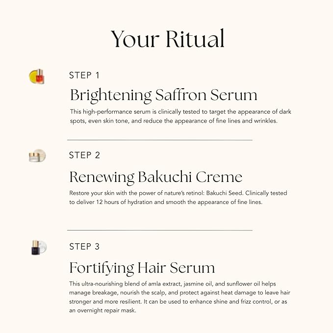 RANAVAT Royal Trio Travel Size Gift Set - Brightening Saffron Face Serum, Renewing Bakuchi Face Cream & Fortifying Hair Serum (3 Count)