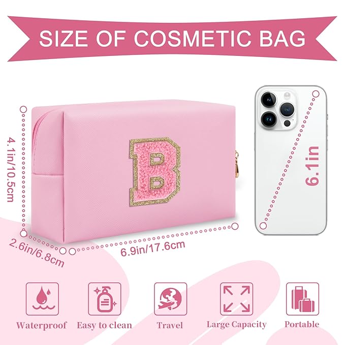 Personalized Initial A-Z Preppy Patch Makeup Bag,Small PU Leather Chenille Letter Cosmetic Bag with Zipper for Teen Girls,Pink Cute Travel Toiletry Bag,Birthday Monogrammed Gift for Daughter,Letter B