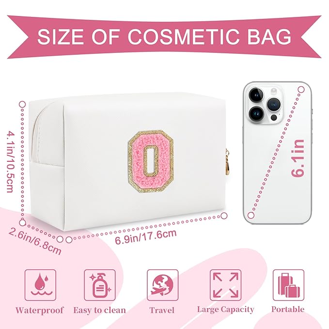 Personalized Makeup Bag Initial A-Z Preppy Patch Bag,Small PU Leather Travel Cosmetic Bag Pouch with Zipper,White Cute Toiletry Bag,Gift Ideal for Teen Girls Women Birthday Friend Mom,Letter O
