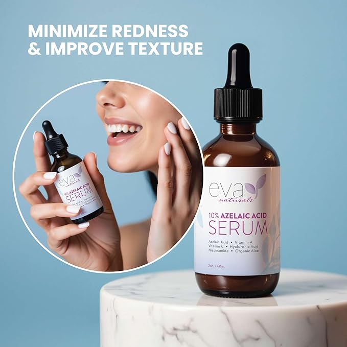 Eva Naturals Azelaic Acid Serum for Face – Niacinamide, Hyaluronic Acid, Vitamins A+C+E – Redness Relief, Dark Spots, Uneven Skin Tone, Texture, Pores, Topical Booster for Clearer, Smoother Skin, 2oz