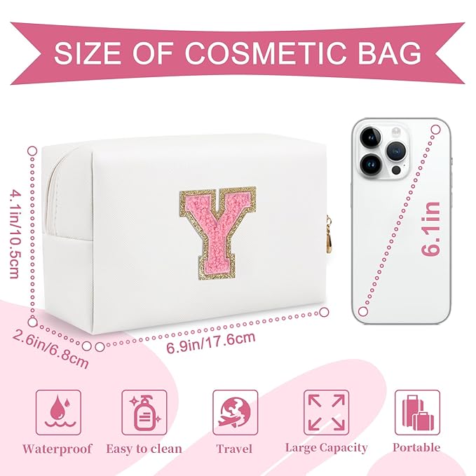 Personalized Makeup Bag Initial A-Z Preppy Patch Bag,Small PU Leather Travel Cosmetic Bag Pouch with Zipper,White Cute Toiletry Bag,Gift Ideal for Teen Girls Women Birthday Friend Mom,Letter Y