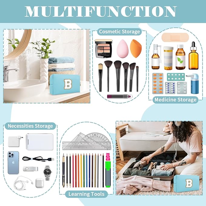 Small Personalized Initial A-Z Preppy Patch Makeup Bag,PU Chenille Letter Travel Cosmetic Pouch with Zipper,Blue Cute Toiletry Bag,Gift Ideal for Teen Girls Women Teacher Bridesmaid,Letter B