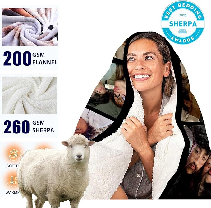 DayOfShe Thicker Sherpa Photo Blankets Custom Love Gifts for Wife Husband Anniversary, Personalized Couples Warm Fleece Photo Blanket Gifts for Girlfriend Boyfriend